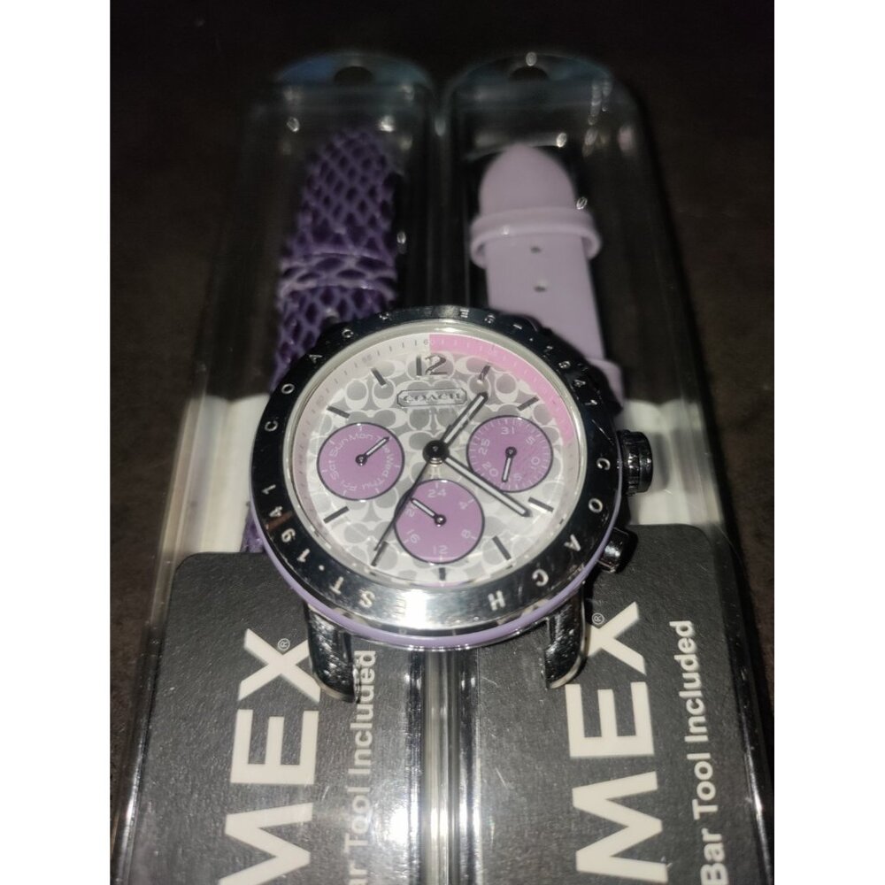 Ladies COACH All Steel Day/Date White/Pink Dial Watch,3 Leather Bands / New Batt